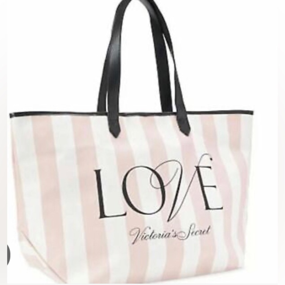 2x Victoria’s Secret - Two Tote Bags - white / pink stripes w big “LOVE” text 💗